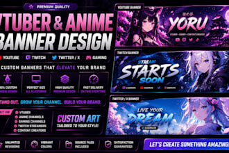 design vtuber or anime youtube banner, twitter banner, twitch banner gaming