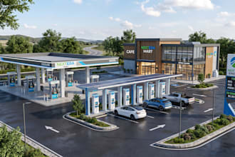 design 3d gas station, fuel, commercial ev charging station, canopy, 3d render