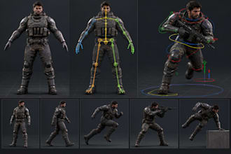 create game ready with 3d character modeling for game, rigging and animation