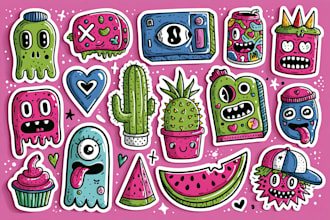 draw cartoon doodle stickers, hand drawn designs for print