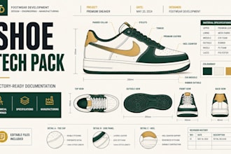 create shoe tech pack with technical drawings for manufacturing