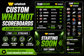 design custom whatnot scoreboards and card break boards for live streams