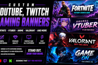 design youtube banner, fortnite, vtuber, anime, gaming, valorant twitch banner