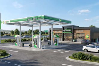 design realistic 3d gas station, ev station, truck stop, rv park, 3d rendering