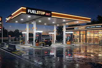 design realistic 3d gas station, ev station, truck stop, rv park, 3d rendering