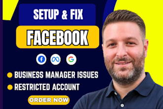 setup and fix meta business manager, link fb and insta, ad account, fix meta ads