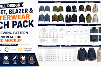 design jacket blazer polo and outerwear tech pack sewing pattern and 3d mockup