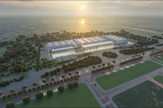 redesign 3d warehouse exterior, logistic center site layout render, internal cgi