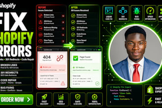 fix shopify bugs, broken links, 301 redirects, code repair and shopify errors