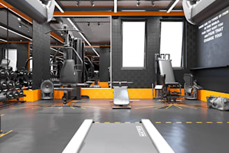 revamp photorealistic 3d gym interior, fitness center render using 3ds max, vray