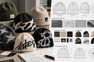 design custom caps, hats, beanies and balacalvas with tech packs and mockup