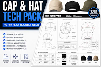 professional cap tech pack, hat tech pack and factory ready headwear design