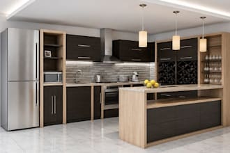 design a modern 3d kitchen interior, 3d kitchen space with realistic rendering