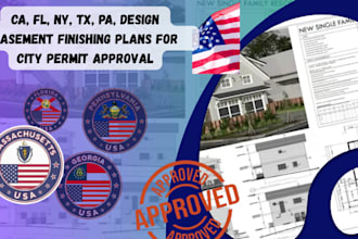 ca, fl, ny, tx, pa, design basement finishing plans for city permit approval