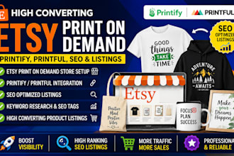 create etsy print on demand with printify, printful, SEO and listings