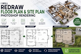redraw floor plan, site plan and  create photoshop render for real estate