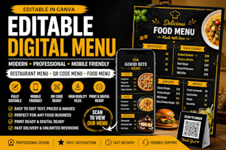 design editable digital menu board, qr code menu, restaurant menu, food menu