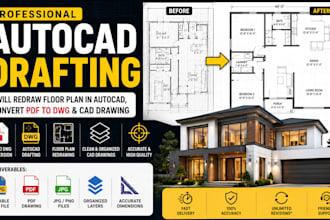 redraw floor plan in autocad, convert PDF to dwg and cad drafting