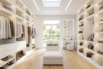 design walk in closet, wardrobe, vanity, cabinetry, shelf in 2d and 3d