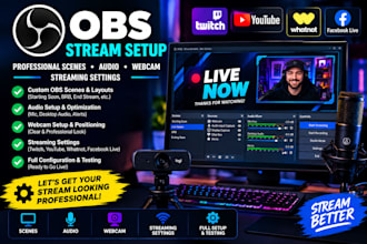 set up obs scenes, audio, webcam and streaming settings