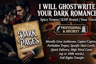 ghostwrite a dark romance story with spicy tropes for your KDP brand