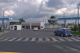 external 3d ev charging station, fuel pump, convenience services,cgi repair shop