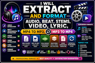 extract and format audio, beat, stems, video, lyric, mp4 to mp3, mp3 to mp4,