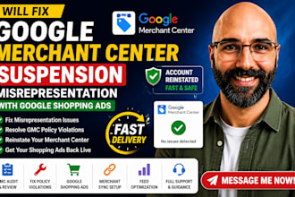 fix google merchant center,  suspention and misrepresentation with shopping ads