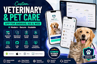 develop pet healthcare app, veterinary clinic app and web, pet care website, sms