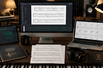 transcribe and compose professional midi files, tabs or sheet music piano sheet