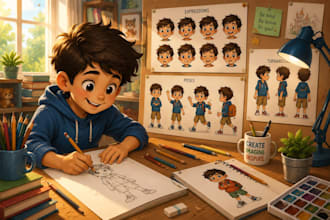 design children book characters with expression and pose sheet