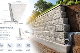 design retaining wall and perform stability analysis calculations