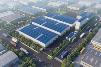 reshaped industrial building, warehouse facility layout, factory, pallet, render