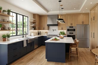 create 3d interior design for kitchen, bathroom, bedroom, living room and dining