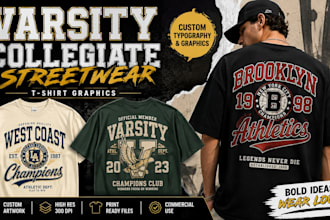 design varsity t shirt, collegiate typography and streetwear graphic for brands