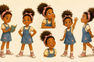 illustrate a cute childrens book character design for your story and pose sheet