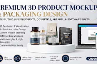 create 3d product mockup, packaging label design, software box, hoodie render