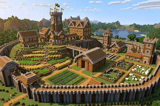 build minecraft fantasy castle, medieval town, rpg map, survival base