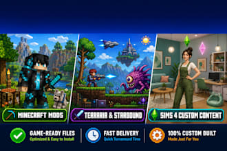 mod minecraft, terraria, starbound, and sims 4 with custom skins, maps