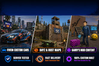 create fivem, dayz, rust, scum, and garrys mod custom cars, items, shops