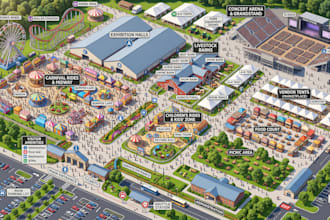 design isometric festival site map, concert map, fairground layout, event map