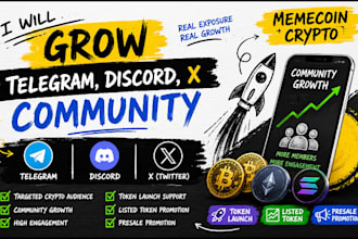 grow telegram discord x community memecoin, crypto, listed token launch presale