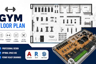 design gym floor plan, fitness center design, gym layout, autocad drafting