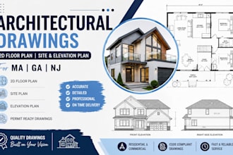 do 2d floor plan, site elevation plan, architectural drawing for ma ga nj