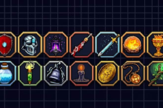 create pixel art icons, items, tiileset design, rpg game assets for your project