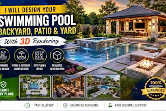 design swimming pool, backyard, patio, garden with realistic 3d render