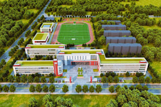 model and render school buildings, hallways, classrooms, and outdoor areas