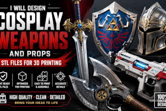 design cosplay weapons, props, sword, shields, and gun stl files for 3d printing