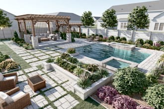 design front yard backyard landscape pool patio pergola fence with plant beds