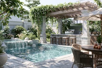 design backyard, landscape, patio, pergola, garden, pool ,outdoor kitchen, deck,